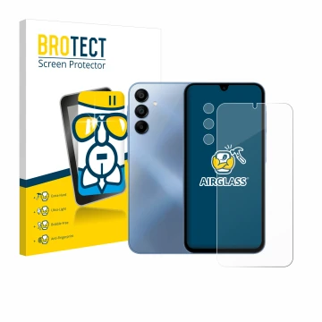 Front side of a product packaging with the brand logo BROTECT. Next to it is the device Samsung Galaxy A15 5G (Front+Camera) s