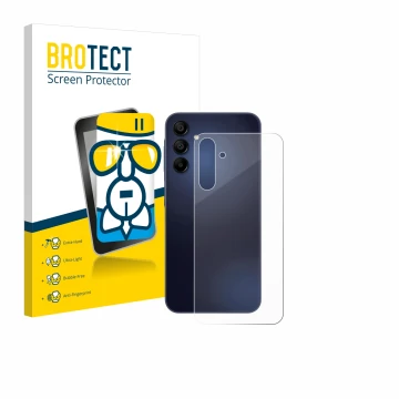 Front side of a product packaging with the brand logo BROTECT. Next to it is the device Samsung Galaxy A15 5G (Back) shown wit