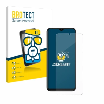 Front side of a product packaging with the brand logo BROTECT. Next to it is the device Tecno Spark 10 5G shown with the corre