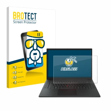 Front side of a product packaging with the brand logo BROTECT. Next to it is the device Lenovo ThinkPad P1 Gen 6 16