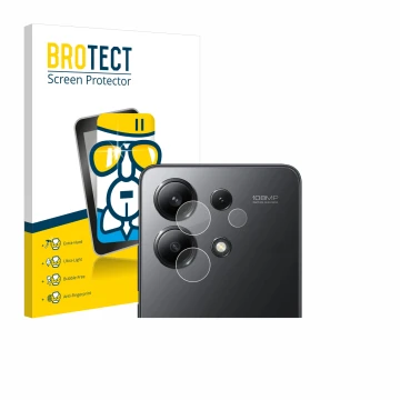 Front side of a product packaging with the brand logo BROTECT. Next to it is the device Xiaomi Redmi Note 13 (ONLY Camera Lens