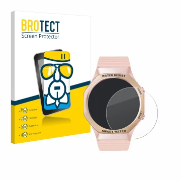 Front side of a product packaging with the brand logo BROTECT. Next to it is the device Mutoy Smartwatch 1.32