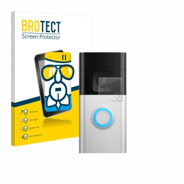 Front side of a product packaging with the brand logo BROTECT. Next to it is the device Ring Video Doorbell Plus shown with th