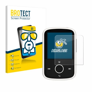 Front side of a product packaging with the brand logo BROTECT. Next to it is the device Majority MP3 16GB shown with the corre