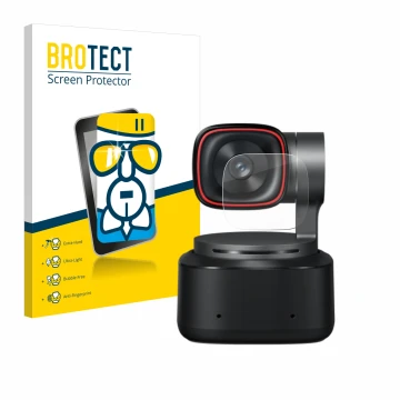 Front side of a product packaging with the brand logo BROTECT. Next to it is the device OBSBOT Tiny 2 shown with the correspon