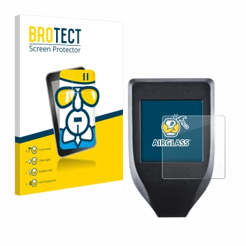 Front side of a product packaging with the brand logo BROTECT. Next to it is the device Trezor Model T shown with the correspo