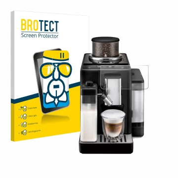 Front side of a product packaging with the brand logo BROTECT. Next to it is the device DeLonghi Rivelia shown with the corres