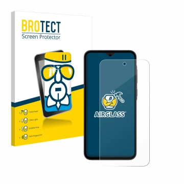 Front side of a product packaging with the brand logo BROTECT. Next to it is the device Samsung Galaxy A35 5G shown with the c