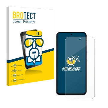 Front side of a product packaging with the brand logo BROTECT. Next to it is the device Samsung Galaxy A55 5G shown with the c