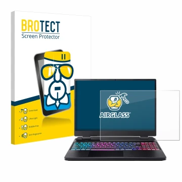 Front side of a product packaging with the brand logo BROTECT. Next to it is the device Acer Predator Helios Neo 16 shown with