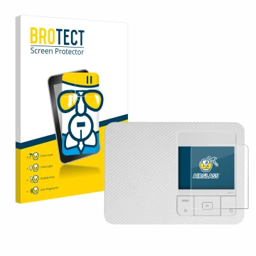 Front side of a product packaging with the brand logo BROTECT. Next to it is the device Canon Selphy CP1500 shown with the cor