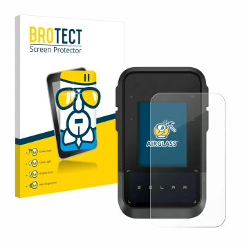 Front side of a product packaging with the brand logo BROTECT. Next to it is the device Garmin eTrex Solar shown with the corr