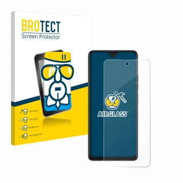 Front side of a product packaging with the brand logo BROTECT. Next to it is the device Tecno Spark 10 Pro shown with the corr
