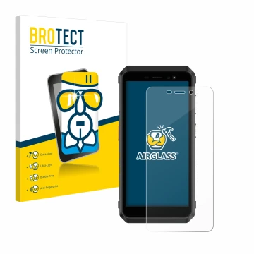 Front side of a product packaging with the brand logo BROTECT. Next to it is the device Ulefone Power Armor X11 Pro shown with