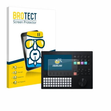 Front side of a product packaging with the brand logo BROTECT. Next to it is the device Polyend Tracker shown with the corresp