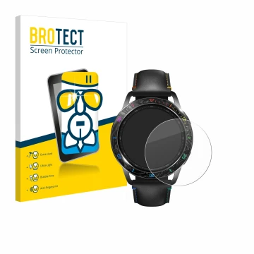 Front side of a product packaging with the brand logo BROTECT. Next to it is the device Xiaomi Watch S3 shown with the corresp