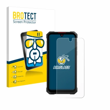 Front side of a product packaging with the brand logo BROTECT. Next to it is the device Hotwav Cyber 9 Pro shown with the corr