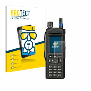 Front side of a product packaging with the brand logo BROTECT. Next to it is the device Motorola MTP6650 shown with the corres