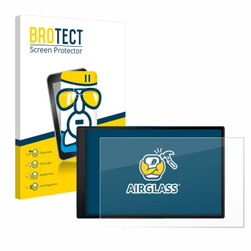 Front side of a product packaging with the brand logo BROTECT. Next to it is the device Garmin DriveSmart 86 MT-S shown with t