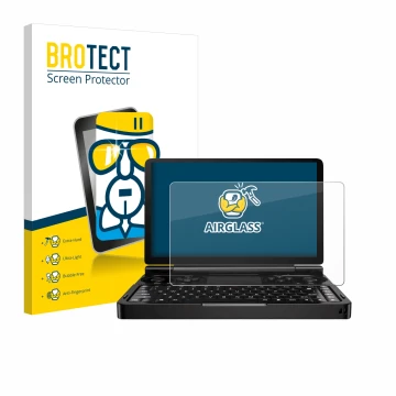 Front side of a product packaging with the brand logo BROTECT. Next to it is the device GPD Win Mini (2024) shown with the cor