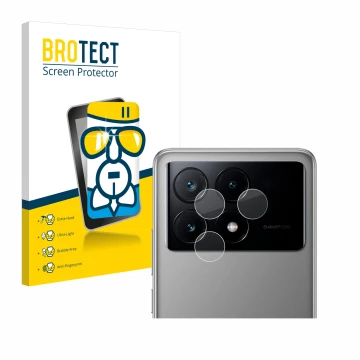 Front side of a product packaging with the brand logo BROTECT. Next to it is the device Xiaomi Poco X6 Pro (ONLY Camera Lens) 