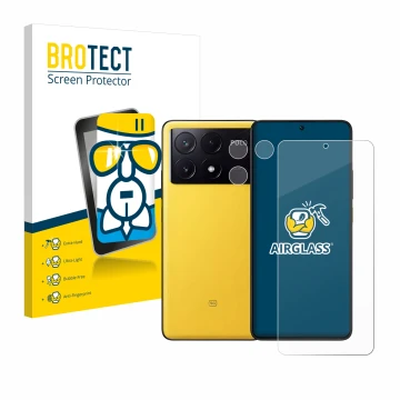 Front side of a product packaging with the brand logo BROTECT. Next to it is the device Xiaomi Poco X6 Pro (Front+Camera) show