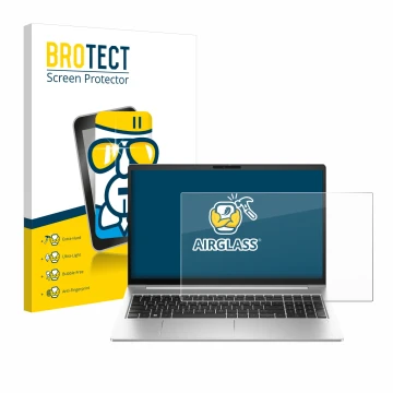 Front side of a product packaging with the brand logo BROTECT. Next to it is the device HP EliteBook 640 G10 shown with the co