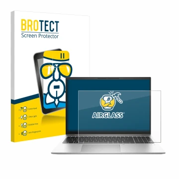 Front side of a product packaging with the brand logo BROTECT. Next to it is the device HP EliteBook 865 G10 shown with the co