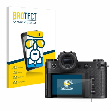Front side of a product packaging with the brand logo BROTECT. Next to it is the device Leica SL3 shown with the corresponding