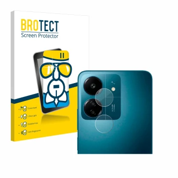 Front side of a product packaging with the brand logo BROTECT. Next to it is the device Xiaomi Redmi 13C (ONLY Camera Lens) sh