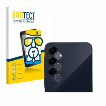Front side of a product packaging with the brand logo BROTECT. Next to it is the device Samsung Galaxy A55 5G (ONLY Camera Len