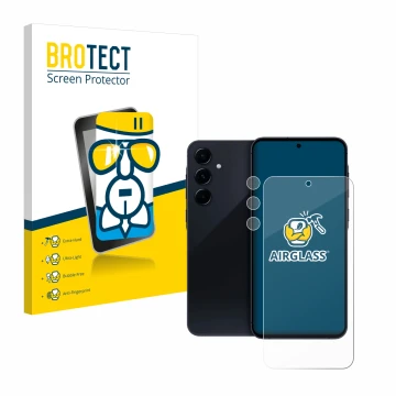 Front side of a product packaging with the brand logo BROTECT. Next to it is the device Samsung Galaxy A55 5G (Front+Camera) s