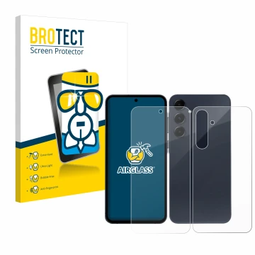 Front side of a product packaging with the brand logo BROTECT. Next to it is the device Samsung Galaxy A55 5G (Front+Back) sho