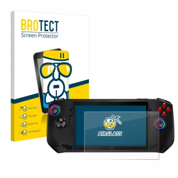 Front side of a product packaging with the brand logo BROTECT. Next to it is the device MSI Claw A1M shown with the correspond