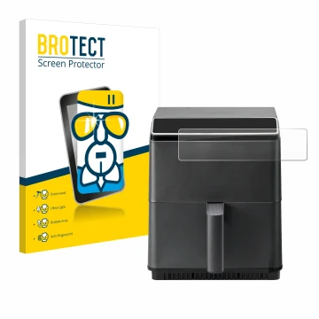 Front side of a product packaging with the brand logo BROTECT. Next to it is the device Cosori CAF-P583S shown with the corres