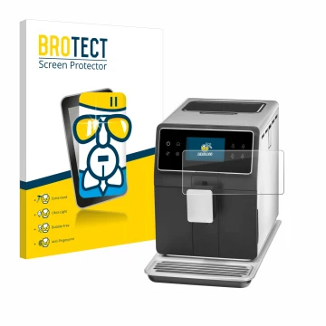 Front side of a product packaging with the brand logo BROTECT. Next to it is the device WMF Perfection 840L shown with the cor