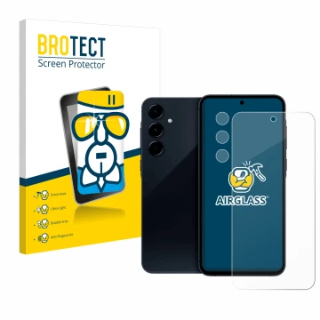 Front side of a product packaging with the brand logo BROTECT. Next to it is the device Samsung Galaxy A35 5G (Front+Camera) s