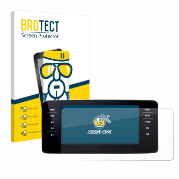 Front side of a product packaging with the brand logo BROTECT. Next to it is the device Skoda Kamiq 2021 shown with the corres