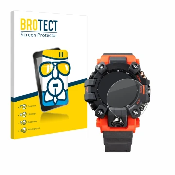 Front side of a product packaging with the brand logo BROTECT. Next to it is the device Casio G-Shock GW-9500 shown with the c