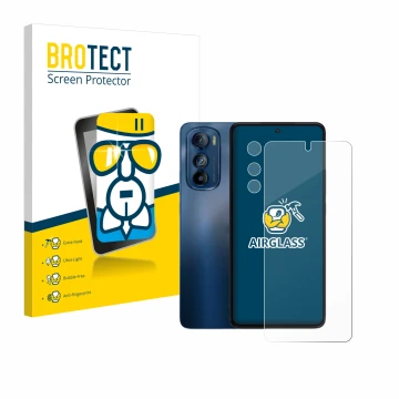 Front side of a product packaging with the brand logo BROTECT. Next to it is the device Motorola Edge 30 (Front+Camera) shown 