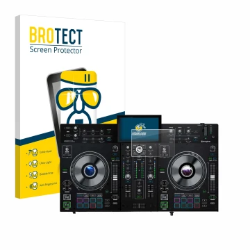 Front side of a product packaging with the brand logo BROTECT. Next to it is the device Denon DJ Prime 2 shown with the corres