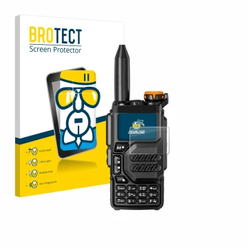 Front side of a product packaging with the brand logo BROTECT. Next to it is the device Quansheng UV-K5 shown with the corresp