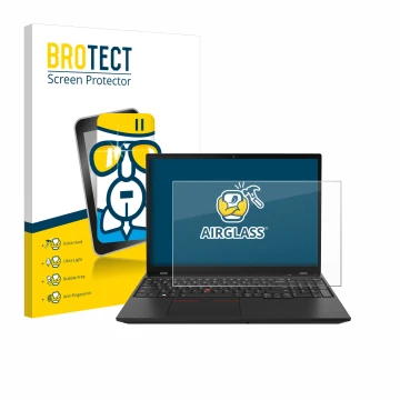 Front side of a product packaging with the brand logo BROTECT. Next to it is the device Lenovo ThinkPad P16s Gen 2 shown with 