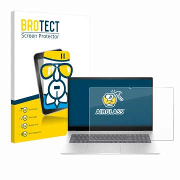 Front side of a product packaging with the brand logo BROTECT. Next to it is the device HP Envy 17 2024 shown with the corresp