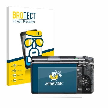 Front side of a product packaging with the brand logo BROTECT. Next to it is the device Ricoh GR IIIx HDF shown with the corre