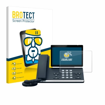 Front side of a product packaging with the brand logo BROTECT. Next to it is the device Yealink SIP-T57W shown with the corres