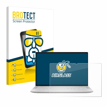 Front side of a product packaging with the brand logo BROTECT. Next to it is the device Dell XPS 14 9440 Touch shown with the 