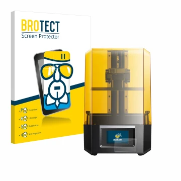 Front side of a product packaging with the brand logo BROTECT. Next to it is the device Anycubic Photon Mono M5s shown with th