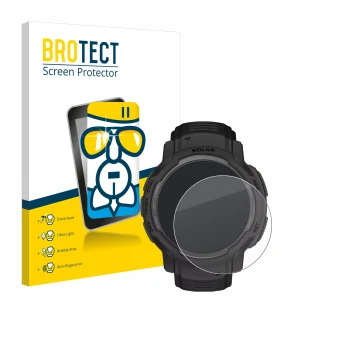 Front side of a product packaging with the brand logo BROTECT. Next to it is the device Garmin Instinct Crossover Solar shown 