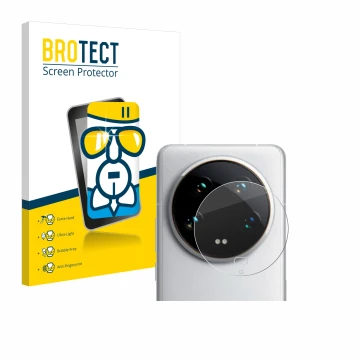 Front side of a product packaging with the brand logo BROTECT. Next to it is the device Xiaomi 14 Ultra (ONLY Camera Lens) sho